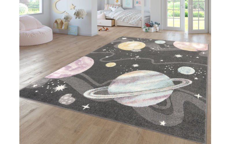 Paco Home Kids Rug Space Universe with Planets and Stars in Anthracite